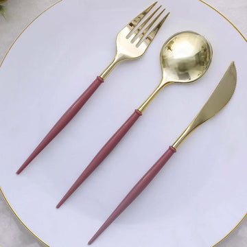 24 Pack Metallic Gold With Cinnamon Rose Plastic Utensil Set, Modern Premium Disposable Silverware Set 8"