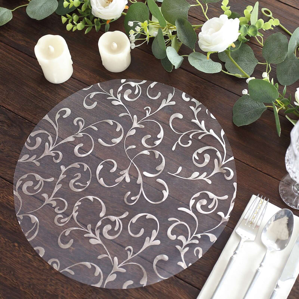 10 Pack Metallic Silver Sheer Organza Round Placemats with Embossed Fo