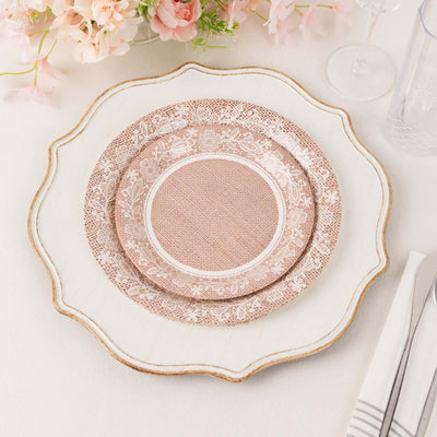 25-Pack Paper Round Dessert Plates 7" Natural Burlap Print with Floral Lace Rim - Disposable Rustic Appetizer Salad Plates for Farmhouse Themes & Celebrations