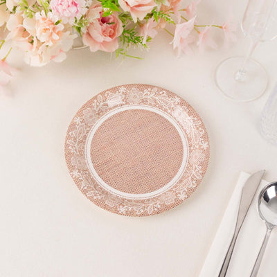 25-Pack Paper Round Dessert Plates 7" Natural Burlap Print with Floral Lace Rim - Disposable Rustic Appetizer Salad Plates for Farmhouse Themes & Celebrations