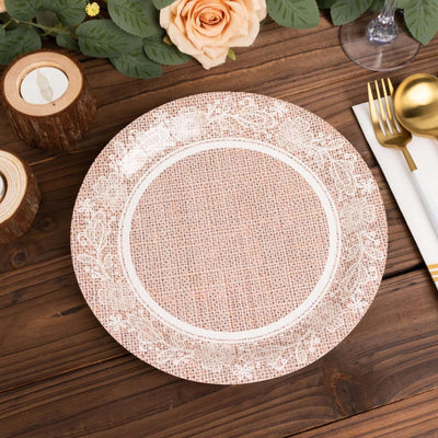 25-Pack Paper Round Dinner Plates 9" Natural Burlap Print with White Floral Lace Rim - Rustic Farmhouse Style Disposable Party Plates