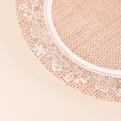 25-Pack Paper Round Dinner Plates 9" Natural Burlap Print with White Floral Lace Rim - Rustic Farmhouse Style Disposable Party Plates