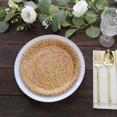 25-Pack Paper Round Dinner Plates 9" Natural with Woven Rattan Print - 300GSM Rustic Farmhouse Disposable Party Plates for Boho Brunches & Outdoor Gatherings