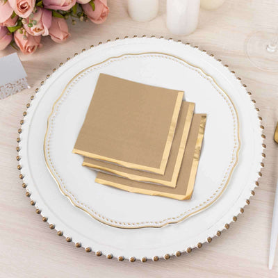 50-Pack Paper Beverage Napkins 2 Ply Natural with Gold Foil Edge 5"x5" - Soft Disposable Cocktail Napkins 18GSM