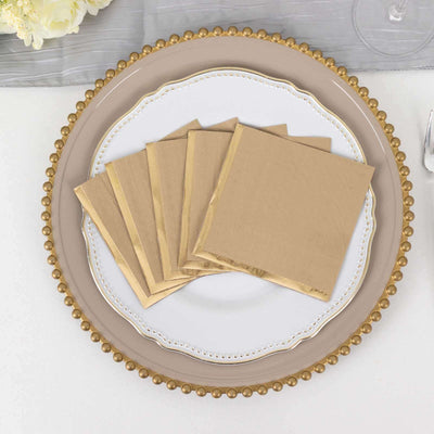 50-Pack Paper Beverage Napkins 2 Ply Natural with Gold Foil Edge 5"x5" - Soft Disposable Cocktail Napkins 18GSM