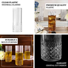 6 Pack Transparent Blush Crystal Cut Reusable Plastic Highball Drink Glasses, Shatterproof Tall