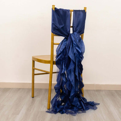 5 Pack Chiffon Satin Chair Sashes Navy Blue Curly Willow Style - Easy to Use Flowy Chair Bows