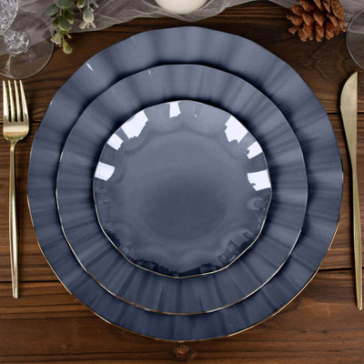 10-Pack Plastic Round Dessert Plates 6" Navy Blue Ruffled Rim with Gold Edging - Heavy Duty Disposable Salad Appetizer Dinnerware