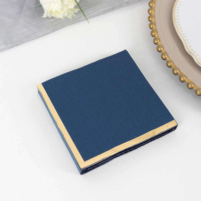 50-Pack Paper Beverage Napkins 2 Ply Navy Blue with Gold Foil Edge 5"x5" - Soft Disposable Cocktail Napkins 18GSM