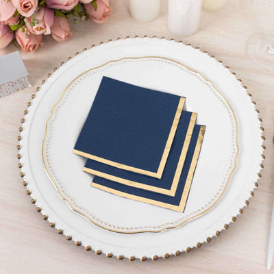 50-Pack Paper Beverage Napkins 2 Ply Navy Blue with Gold Foil Edge 5"x5" - Soft Disposable Cocktail Napkins 18GSM