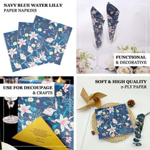 20 Pack Navy Blue Water Lilly Floral Paper Cocktail Napkins, Disposable Decoupage Beverage