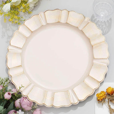 6-Pack Acrylic Plastic Charger Plates 13" Round Nude Taupe with Gold Brushed Wavy Scalloped Rim - Dinner Charger Tableware