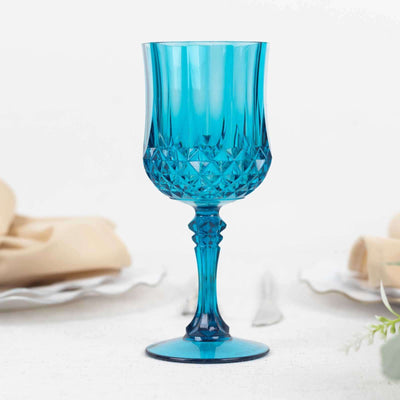6-Pack Transparent Plastic Crystal Cut Wine Glasses 8oz, Ocean Blue - Shatterproof Cocktail Goblets
