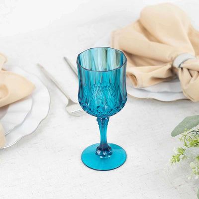 6-Pack Transparent Plastic Crystal Cut Wine Glasses 8oz, Ocean Blue - Shatterproof Cocktail Goblets