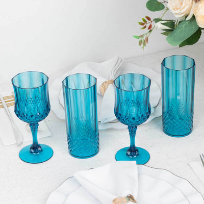 6-Pack Transparent Plastic Crystal Cut Wine Glasses 8oz, Ocean Blue - Shatterproof Cocktail Goblets