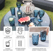 6 Pack Ocean Blue Crystal Cut Whiskey Tumbler Glasses with Heavy Base