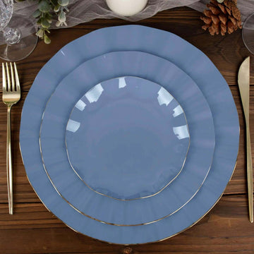 10 Pack Ocean Blue Hard Plastic Dessert Plates with Gold Ruffled Rim, Heavy Duty Disposable Salad Appetizer Dinnerware 6"