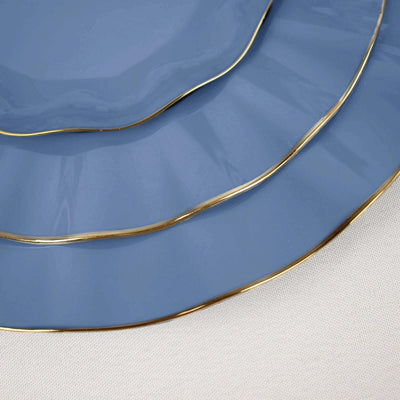 10-Pack Plastic Round Dessert Plates 6" Ocean Blue Ruffled Rim with Gold Edging - Heavy Duty Disposable Salad Appetizer Dinnerware