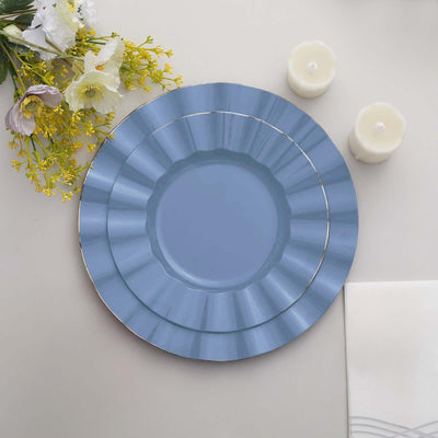 10-Pack Plastic Round Dinner Plates 9" Ocean Blue Ruffled Rim with Gold Edging - Heavy Duty Disposable Dinnerware