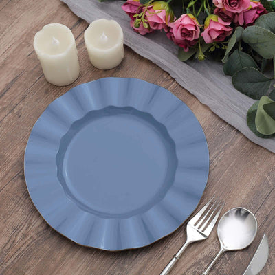 10-Pack Plastic Round Dinner Plates 9" Ocean Blue Ruffled Rim with Gold Edging - Heavy Duty Disposable Dinnerware