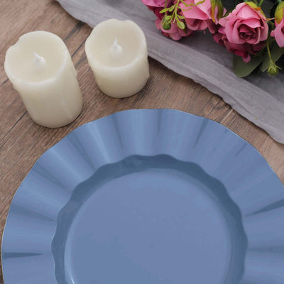 10-Pack Plastic Round Dinner Plates 9" Ocean Blue Ruffled Rim with Gold Edging - Heavy Duty Disposable Dinnerware