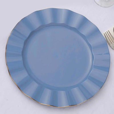 10-Pack Plastic Round Dinner Plates 11" Ocean Blue Ruffled Rim with Gold Edging - Heavy Duty Disposable Dinnerware