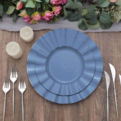 10-Pack Plastic Round Dinner Plates 11" Ocean Blue Ruffled Rim with Gold Edging - Heavy Duty Disposable Dinnerware