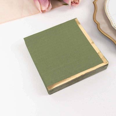 50-Pack Paper Beverage Napkins 2 Ply Dusty Sage Green with Gold Foil Edge 5"x5" - Soft Disposable Cocktail Napkins 18GSM