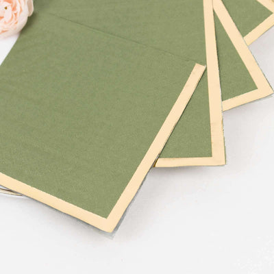 50-Pack Paper Beverage Napkins 2 Ply Dusty Sage Green with Gold Foil Edge 5"x5" - Soft Disposable Cocktail Napkins 18GSM