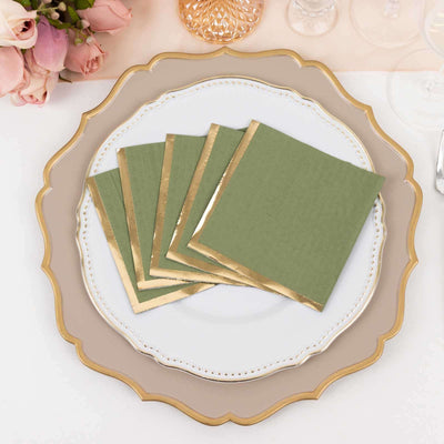 50-Pack Paper Beverage Napkins 2 Ply Dusty Sage Green with Gold Foil Edge 5"x5" - Soft Disposable Cocktail Napkins 18GSM