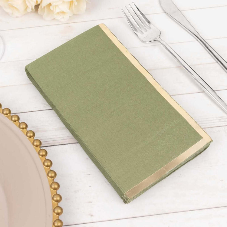 50 Pack Olive Green Soft 2 Ply Dinner Paper Napkins with Gold Foil Edge