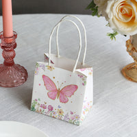 12 Pack Pink Glitter Butterfly Paper Gift Bags With Handles, Floral Print White Party Favor Goodie Bags - 4"x4"