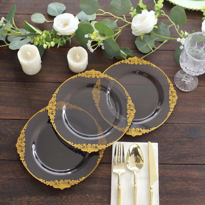 10-Pack Plastic Round Dessert Plates 8" Transparent Black with Gold Leaf Embossed Rim - Vintage Baroque Style Disposable Salad Plates