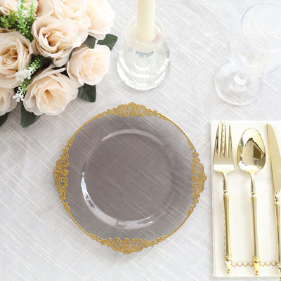 10-Pack Plastic Round Dessert Plates 8" Transparent Black with Gold Leaf Embossed Rim - Vintage Baroque Style Disposable Salad Plates