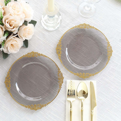 10-Pack Plastic Round Dessert Plates 8" Transparent Black with Gold Leaf Embossed Rim - Vintage Baroque Style Disposable Salad Plates