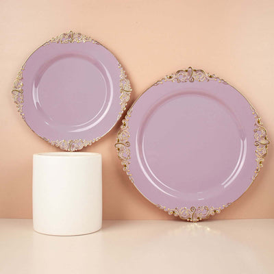 10-Pack Plastic Round Dessert Plates 8" Lavender Lilac with Gold Leaf Embossed Rim - Vintage Baroque Style Disposable Salad Plates