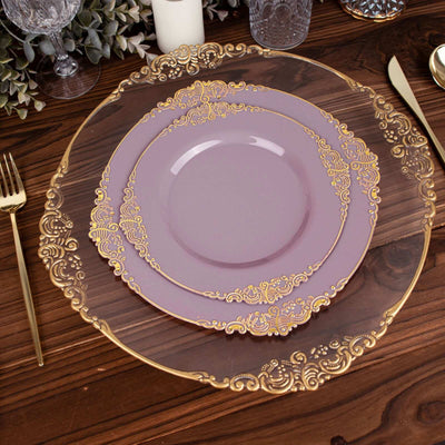 10-Pack Plastic Round Dessert Plates 8" Lavender Lilac with Gold Leaf Embossed Rim - Vintage Baroque Style Disposable Salad Plates