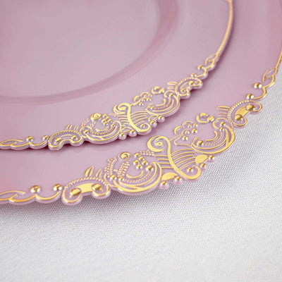 10-Pack Plastic Round Dessert Plates 8" Lavender Lilac with Gold Leaf Embossed Rim - Vintage Baroque Style Disposable Salad Plates