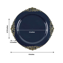 10 Pack Plastic Dessert Salad Plates In Vintage Navy Blue, Gold Leaf Embossed Baroque Disposable