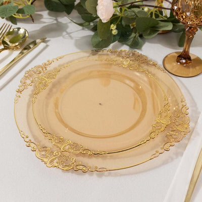 10-Pack Plastic Round Dessert Plates 8" Transparent Amber Gold with Gold Leaf Embossed Rim - Vintage Baroque Style Disposable Salad Plates