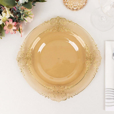 10-Pack Plastic Round Dessert Plates 8" Transparent Amber Gold with Gold Leaf Embossed Rim - Vintage Baroque Style Disposable Salad Plates