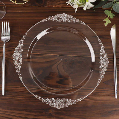 10-Pack Plastic Round Dinner Plates 10" Clear with Silver Leaf Embossed Rim - Vintage Baroque Style Disposable Plates