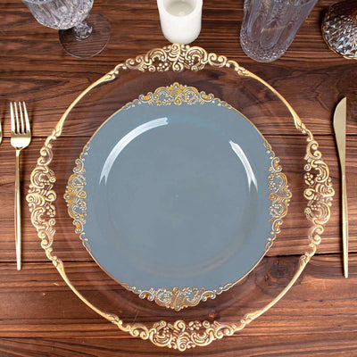 10-Pack Plastic Round Dinner Plates 10" Dusty Blue with Gold Leaf Embossed Rim - Vintage Baroque Style Disposable Plates