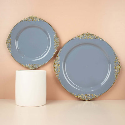 10-Pack Plastic Round Dinner Plates 10" Dusty Blue with Gold Leaf Embossed Rim - Vintage Baroque Style Disposable Plates