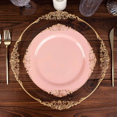 10-Pack Plastic Round Dinner Plates 10" Dusty Rose with Gold Leaf Embossed Rim - Vintage Baroque Style Disposable Plates