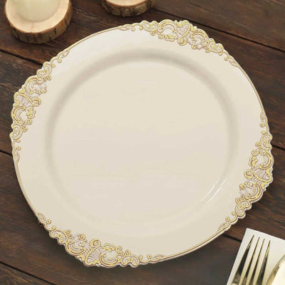 10-Pack Plastic Round Dinner Plates 10" Ivory with Gold Leaf Embossed Rim - Vintage Baroque Style Disposable Plates