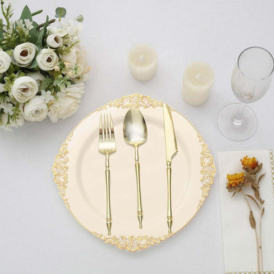 10-Pack Plastic Round Dinner Plates 10" Ivory with Gold Leaf Embossed Rim - Vintage Baroque Style Disposable Plates