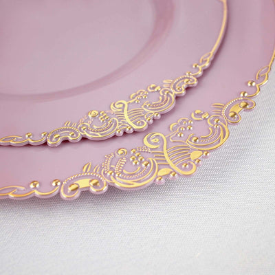 10-Pack Plastic Round Dinner Plates 10" Lavender Lilac with Gold Leaf Embossed Rim - Vintage Baroque Style Disposable Plates