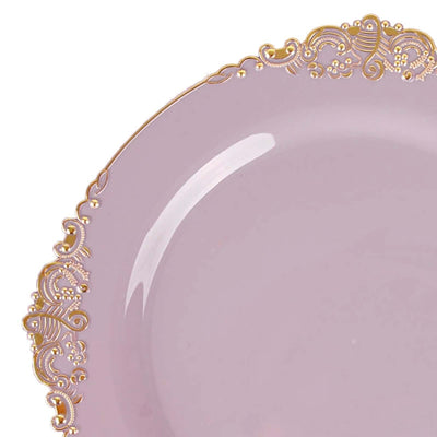 10-Pack Plastic Round Dinner Plates 10" Lavender Lilac with Gold Leaf Embossed Rim - Vintage Baroque Style Disposable Plates