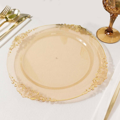 10-Pack Plastic Round Dinner Plates 10" Transparent Amber Gold with Gold Leaf Embossed Rim - Vintage Baroque Style Disposable Plates